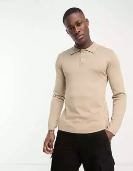 Only & Sons – бежевая трикотажная рубашка-поло с длинными рукавами