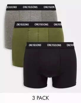 Only & Sons – комплект из 3 пар боксеров разных цветов с черной эластичной резинкой на поясе