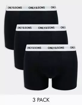 Only & Sons – комплект из 3 пар черных боксеров с белой тесьмой с логотипом на талии