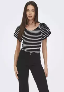 Only свитер с короткими рукавами "ONLLEELO STRIPE SS BACK V-NECK KNT NOOS", цвет Black Stripe