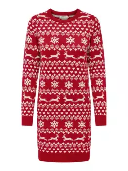 Only трикотажное платье "ONLXMAS SNOWFLAKE LS DRESS CS KNT", цвет Chili Pepper Pattern:Cloud Dancer