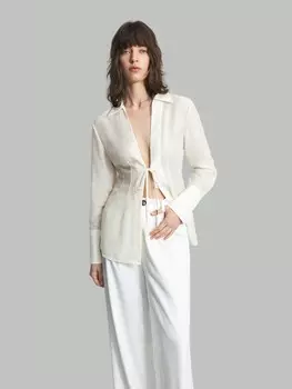 Ontre Женская однотонная рубашка с круглым вырезом, длинными рукавами и поясом. весна лето, белый цвет