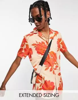 Оранжевая атласная рубашка с цветочным принтом ASOS DESIGN Deep Revere