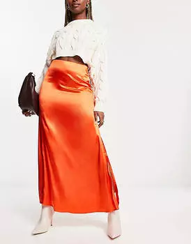 Оранжевая атласная юбка миди Vila