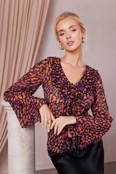 Оранжевая блузка с анималистичным принтом и завязками QUIZ Clothing