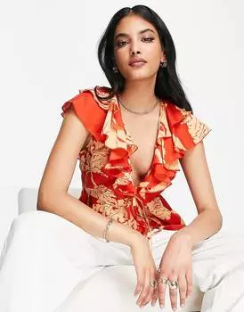 Оранжевая блузка с глубоким вырезом спереди и вырезом сбоку ASOS DESIGN Going Out