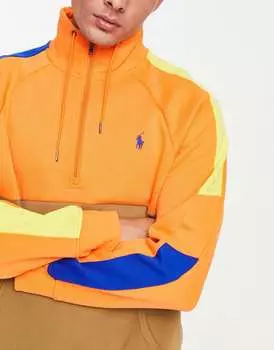 Оранжевая гибридная толстовка с цветными блоками и полумолнией Polo Ralph Lauren Icon Logo