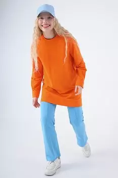 Оранжевая хлопковая спортивная туника реглан с манжетами на рукавах и разрезами по бокам ALL DAY