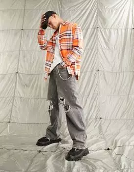 Оранжевая клетчатая рубашка свободного кроя с начесом ASOS DESIGN 90s