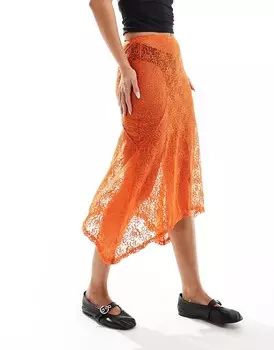 Оранжевая кружевная юбка миди с заниженным подолом Daisy Street