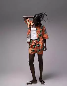 Оранжевая рубашка оверсайз с короткими рукавами Topshop