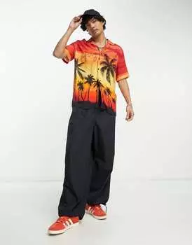 Оранжевая рубашка свободного кроя с короткими рукавами HUGO Ellino с принтом "Венеция"