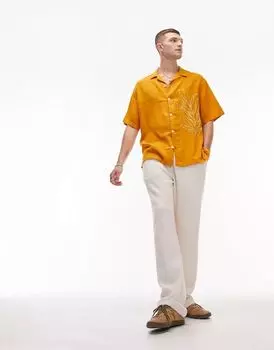 Оранжевая рубашка Topman с короткими рукавами, воротником с лацканами и контрастной вышивкой свободного кроя
