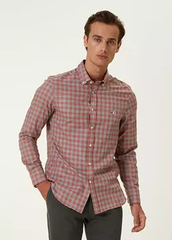 Оранжевая рубашка узкого кроя в небольшую клетку Beymen