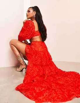 Оранжевая юбка из кружева с рюшами и высоким низом ASOS LUXE