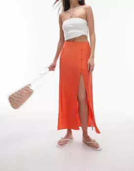 Оранжевая юбка миди с разрезом на пуговицах Topshop