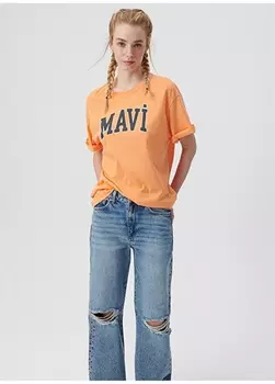 Оранжевая женская футболка с круглым вырезом и принтом Mavi