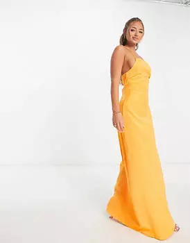 Оранжевое атласное платье макси на бретельках со шнуровкой на спине Vero Moda X Joann Van Den Herik