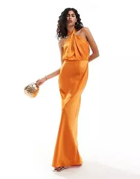 Оранжевое атласное платье макси с воротником-халтером Style Cheat