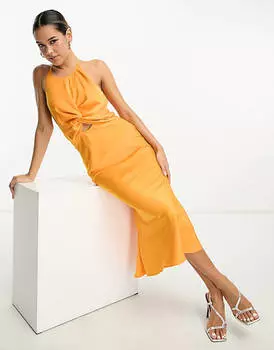 Оранжевое атласное платье миди с завязками на спине ASOS DESIGN