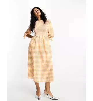 Оранжевое чайное платье макси с длинными рукавами Whistles в мелкую клетку