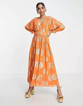 Оранжевое чайное платье макси с крыльями летучей мыши ASOS DESIGN Petite с поясом и жаккардовым эффектом металлик