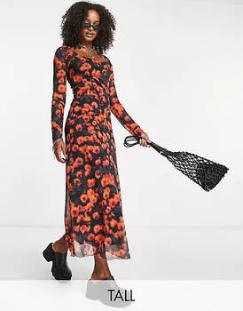 Оранжевое чайное платье миди из сетки с принтом и швами Topshop Tall