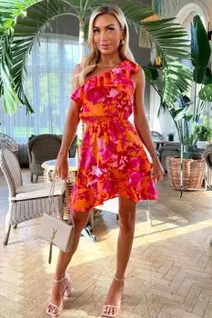 Оранжевое мини-платье на одно плечо с рюшами и цветочным мотивом Ax Paris, оранжевый