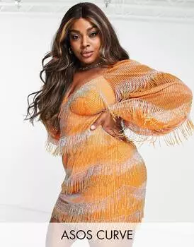 Оранжевое мини-платье с бусинами и пышными рукавами ASOS LUXE Curve