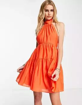 Оранжевое мини-платье с вырезом бретелькой ASOS, многоярусным узором и завязкой сзади