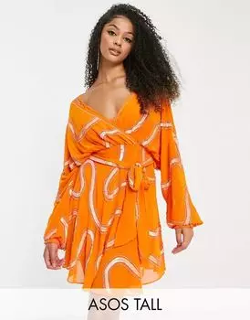 Оранжевое мини-платье с завязкой на талии и завитками ASOS Tall
