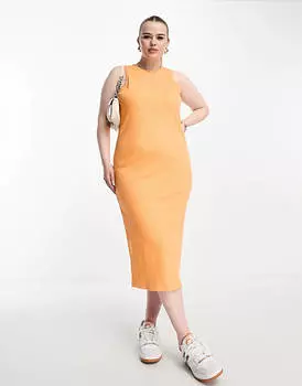 Оранжевое облегающее трикотажное платье миди без рукавов Vero Moda Curve