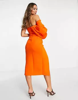Оранжевое пламя-футляр миди на одно плечо с защипами ASOS DESIGN