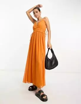 Оранжевое платье-комбинация миди с эластичной оборкой на талии ASOS
