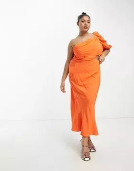 Оранжевое платье макси на одно плечо с вырезом на талии ASOS DESIGN Curve