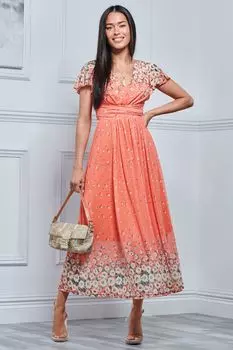 Оранжевое платье-макси с блестящим цветочным принтом и сеткой Jolie Moi, оранжевый