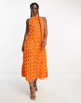 Оранжевое платье макси с фактурной оборкой и бретельками Miss Selfridge