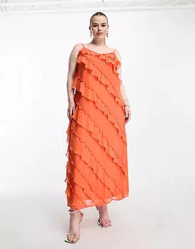 Оранжевое платье макси с оборками Vila Curve