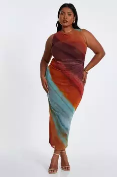 Оранжевое платье мидакси Curve со сборками и принтом омбре QUIZ Clothing