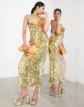 Оранжевое платье миди на бретелях с пайетками и вырезами ASOS EDITION