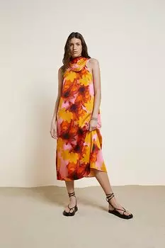 Оранжевое платье миди с цветочным принтом и драпированным вырезом River Island, оранжевый