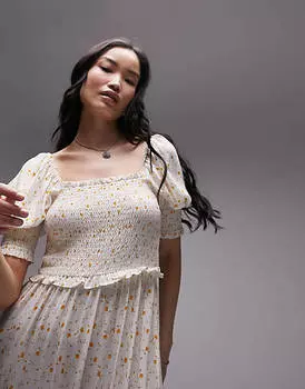 Оранжевое платье миди с присборками и короткими рукавами Topshop