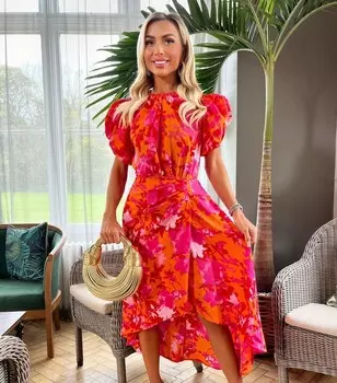 Оранжевое платье миди с рукавами и рюшами AX Paris AX Paris, апельсиновый