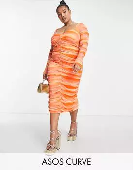 Оранжевое платье миди со сборками и v-образным вырезом ASOS DESIGN Curve