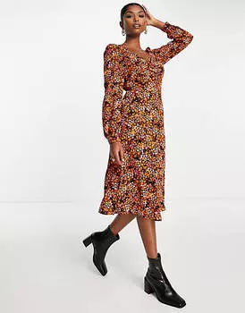 Оранжевое платье миди со сборками Vero Moda с цветочным принтом