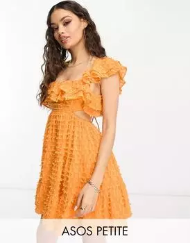 Оранжевое платье мини с плиссированной юбкой ASOS DESIGN Petite с вырезами и оборками