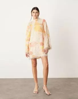 Оранжевое платье мини с высоким воротником и бахромой, принтом и пайетками ASOS EDITION