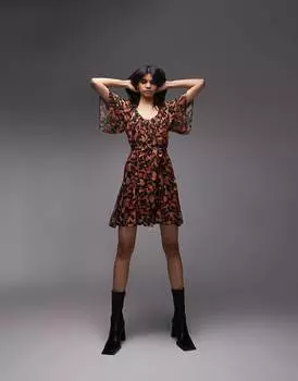 Оранжевое платье мини с завязками на талии и принтом Topshop