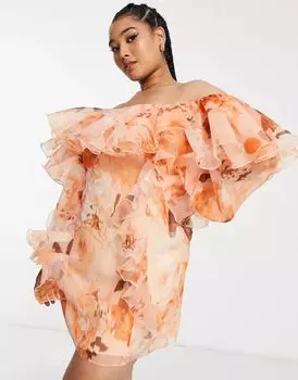 Оранжевое платье с рюшами из органзы ASOS Curve