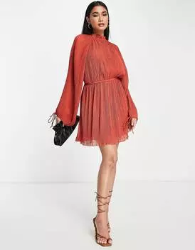 Оранжевое плиссированное мини-платье с высоким вырезом и завязками ASOS DESIGN